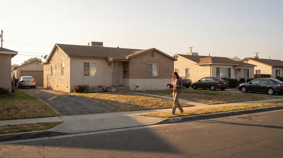 Property manager walking up to a vacant single-family rental on a suburban street