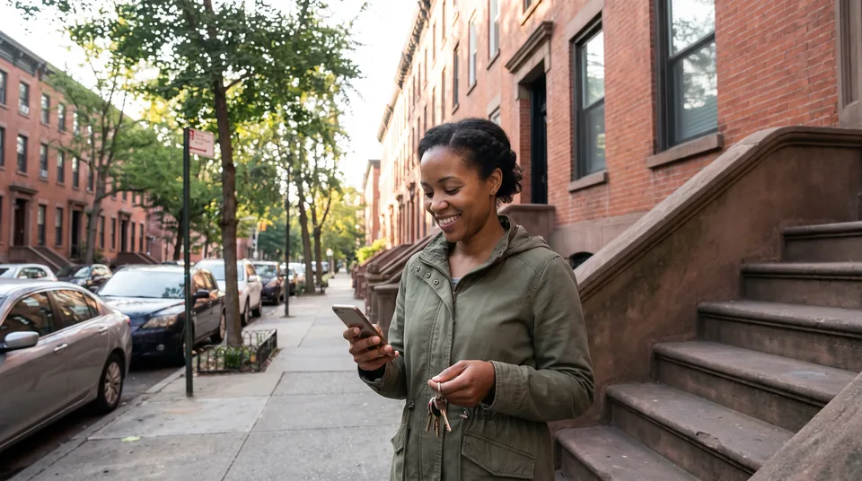 Landlord checking a rent payment on a phone outside a small multifamily rental building