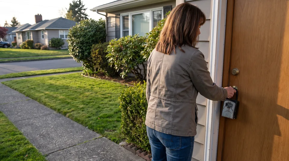 Prospective renter opening the front door of a single-family rental home on a self-guided showing