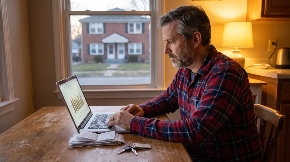 Landlord reviewing rental income and expenses on a laptop at a kitchen table with receipts beside it