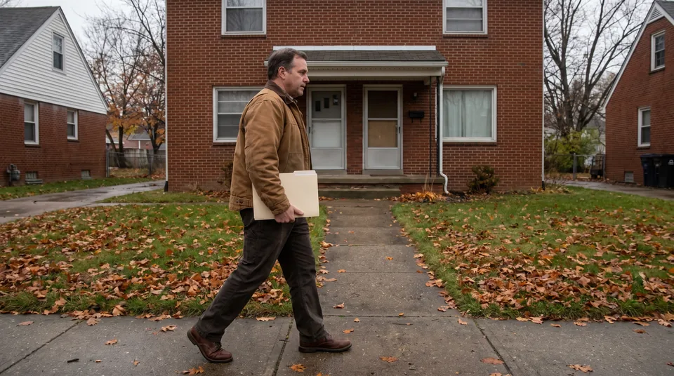 Landlord walking up to a small brick duplex rental with a folder of property paperwork